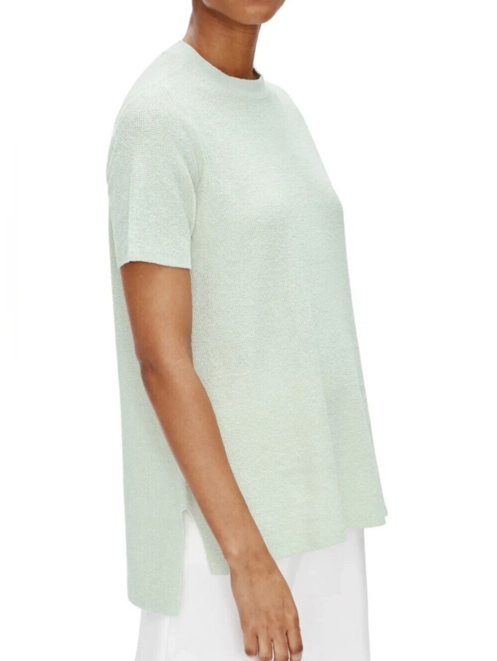 Eileen Fisher Organic Linen Crepe Mock Neck Tunic Top Large Mist Coastal - Picture 2 of 7